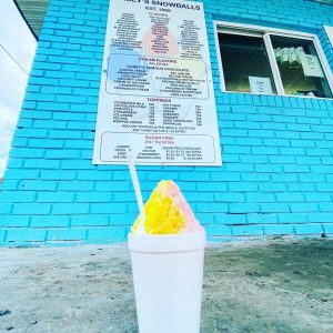 A Cream of Ice Cream and Nectar Cream snowball from Casey's Snowballs in Metairie, a perfect spot for a New Orleans treat in the suburbs.